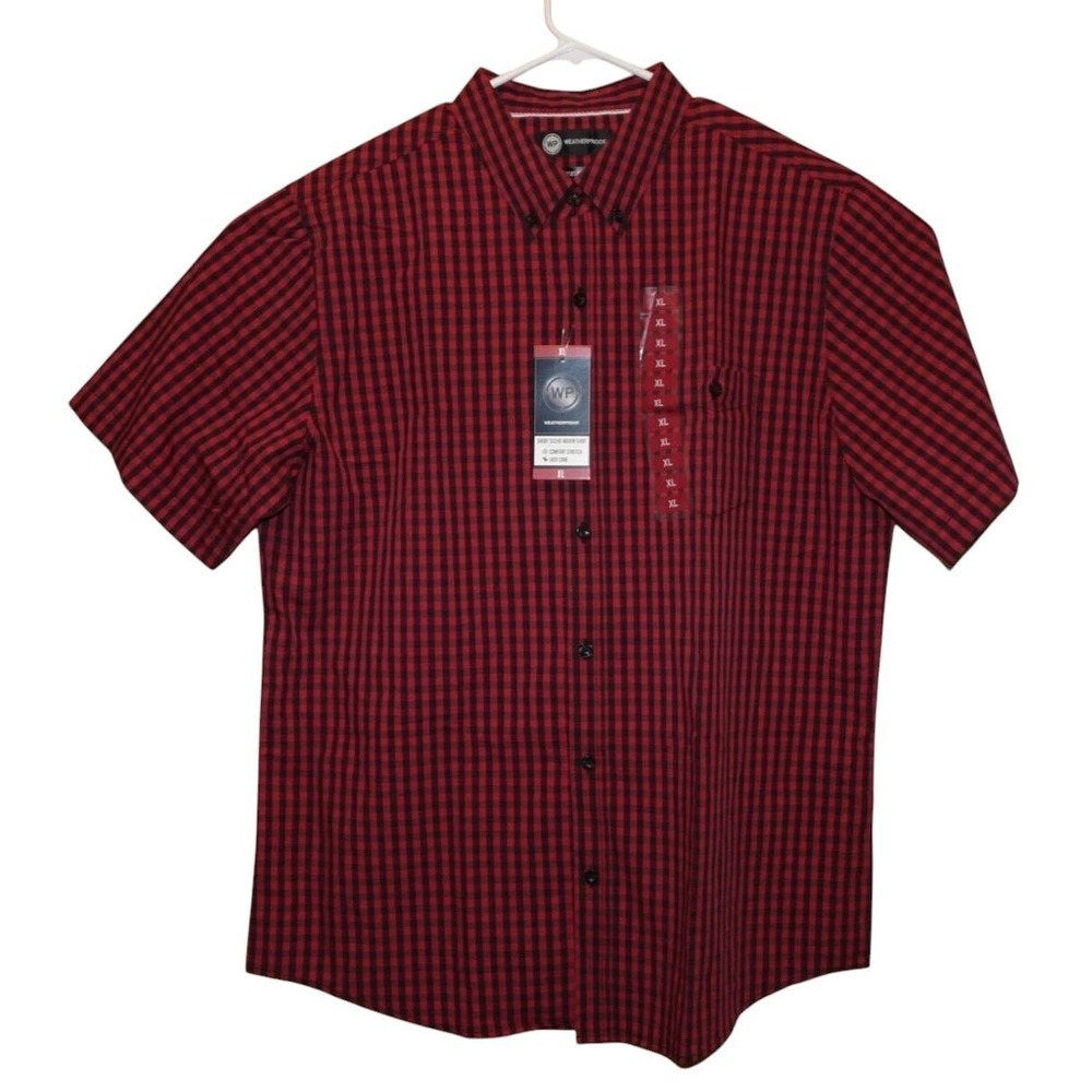 Weatherproof Button Down Shirt Mens XL Red‎ Black Check Plaid Pocket Stretch SS